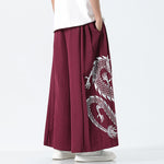 Buddha Stones Summer Dragon Drawstring Design Cotton Ankle-Length Men's Wide Leg Pants With Pockets