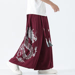 Buddha Stones Summer Dragon Drawstring Design Cotton Ankle-Length Men's Wide Leg Pants With Pockets