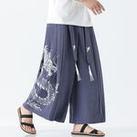 Buddha Stones Summer Dragon Drawstring Design Cotton Ankle-Length Men's Wide Leg Pants With Pockets