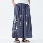 Buddha Stones Summer Dragon Drawstring Design Cotton Ankle-Length Men's Wide Leg Pants With Pockets