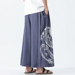 Buddha Stones Summer Dragon Drawstring Design Cotton Ankle-Length Men's Wide Leg Pants With Pockets