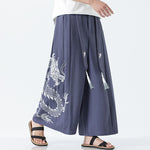 Buddha Stones Summer Dragon Drawstring Design Cotton Ankle-Length Men's Wide Leg Pants With Pockets