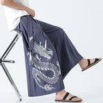 Buddha Stones Summer Dragon Drawstring Design Cotton Ankle-Length Men's Wide Leg Pants With Pockets