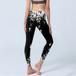 Buddha Stones Black White Contrast Flower Pattern Print Gym Leggings Women's Yoga Pants