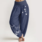 Buddha Stones Pure Cotton Concise Bamboo Butterfly Pattern Women's Elastic Waist Harem Pants
