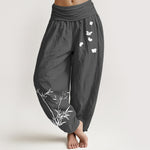 Buddha Stones Pure Cotton Concise Bamboo Butterfly Pattern Women's Elastic Waist Harem Pants