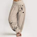Buddha Stones Pure Cotton Concise Bamboo Butterfly Pattern Women's Elastic Waist Harem Pants