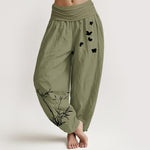 Buddha Stones Pure Cotton Concise Bamboo Butterfly Pattern Women's Elastic Waist Harem Pants