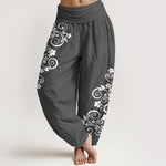 Buddha Stones Pure Cotton Elegant Vine Flower Pattern Women's Elastic Waist Harem Pants