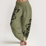 Buddha Stones Pure Cotton Elegant Vine Flower Pattern Women's Elastic Waist Harem Pants
