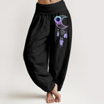 Buddha Stones Pure Cotton Elegant Moon Flower Feather Pattern Women's Elastic Waist Harem Pants