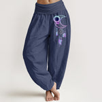 Buddha Stones Pure Cotton Elegant Moon Flower Feather Pattern Women's Elastic Waist Harem Pants