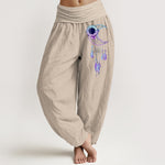 Buddha Stones Pure Cotton Elegant Moon Flower Feather Pattern Women's Elastic Waist Harem Pants
