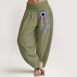 Buddha Stones Pure Cotton Elegant Moon Flower Feather Pattern Women's Elastic Waist Harem Pants