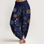 Buddha Stones Cotton Moon Sun Cloud Star Constellation Pattern Women's Elastic Waist Harem Pants