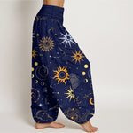 Buddha Stones Cotton Moon Sun Cloud Star Constellation Pattern Women's Elastic Waist Harem Pants