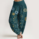 Buddha Stones Cotton Moon Sun Cloud Star Constellation Pattern Women's Elastic Waist Harem Pants
