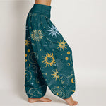 Buddha Stones Cotton Moon Sun Cloud Star Constellation Pattern Women's Elastic Waist Harem Pants