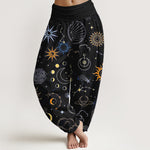 Buddha Stones Cotton Moon Sun Cloud Star Constellation Pattern Women's Elastic Waist Harem Pants