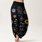 Buddha Stones Cotton Moon Sun Cloud Star Constellation Pattern Women's Elastic Waist Harem Pants