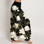 Buddha Stones Cotton Elegant Refined Lotus Flower Pattern Women's Elastic Waist Harem Pants