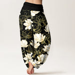 Buddha Stones Cotton Elegant Refined Lotus Flower Pattern Women's Elastic Waist Harem Pants