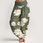 Buddha Stones Cotton Elegant Refined Lotus Flower Pattern Women's Elastic Waist Harem Pants