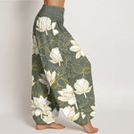 Buddha Stones Cotton Elegant Refined Lotus Flower Pattern Women's Elastic Waist Harem Pants