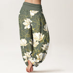 Buddha Stones Cotton Elegant Refined Lotus Flower Pattern Women's Elastic Waist Harem Pants