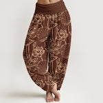 Buddha Stones Cotton Elegant Refined Lotus Flower Leaf Pattern Women's Elastic Waist Harem Pants