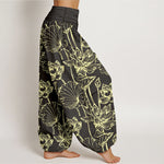 Buddha Stones Cotton Elegant Refined Lotus Flower Leaf Pattern Women's Elastic Waist Harem Pants