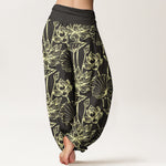 Buddha Stones Cotton Elegant Refined Lotus Flower Leaf Pattern Women's Elastic Waist Harem Pants