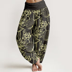 Buddha Stones Cotton Elegant Refined Lotus Flower Leaf Pattern Women's Elastic Waist Harem Pants