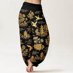 Buddha Stones Cotton Gorgeous Tree Crane Architecture Cloud Peony Pattern Women's Elastic Waist Harem Pants