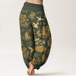 Buddha Stones Cotton Gorgeous Tree Crane Architecture Cloud Peony Pattern Women's Elastic Waist Harem Pants
