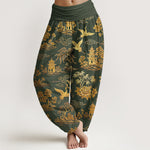 Buddha Stones Cotton Gorgeous Tree Crane Architecture Cloud Peony Pattern Women's Elastic Waist Harem Pants