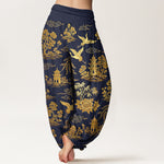 Buddha Stones Cotton Gorgeous Tree Crane Architecture Cloud Peony Pattern Women's Elastic Waist Harem Pants