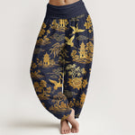Buddha Stones Cotton Gorgeous Tree Crane Architecture Cloud Peony Pattern Women's Elastic Waist Harem Pants