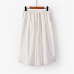 Buddha Stones Plain Drawstring Design Men's Capri Cropped Cotton Linen Wide Leg Pants With Pockets