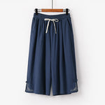 Buddha Stones Plain Drawstring Design Men's Capri Cropped Cotton Linen Wide Leg Pants With Pockets