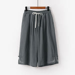 Buddha Stones Plain Drawstring Design Men's Capri Cropped Cotton Linen Wide Leg Pants With Pockets