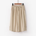 Buddha Stones Plain Drawstring Design Men's Capri Cropped Cotton Linen Wide Leg Pants With Pockets
