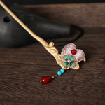 Buddha Stones Gourd Flower Pattern Red Agate Copper Calm Hairpin