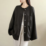 Buddha Stones Spring Crew Neck Long Sleeve Plain Women's Cotton Buttons Shirt With Pockets