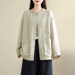 Buddha Stones Spring Crew Neck Long Sleeve Plain Women's Cotton Buttons Shirt With Pockets