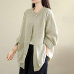 Buddha Stones Spring Crew Neck Long Sleeve Plain Women's Cotton Buttons Shirt With Pockets