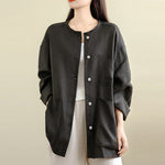 Buddha Stones Spring Crew Neck Long Sleeve Plain Women's Cotton Buttons Shirt With Pockets
