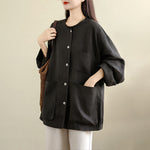 Buddha Stones Spring Crew Neck Long Sleeve Plain Women's Cotton Buttons Shirt With Pockets