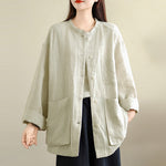 Buddha Stones Spring Crew Neck Long Sleeve Plain Women's Cotton Buttons Shirt With Pockets