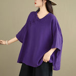 Buddha Stones Spring V-Neck Frog-Button Long Sleeve Plain Women's Cotton Shirt